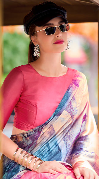 Incomparable Pink Digital Printed Satin Silk Saree With Majestic Blouse Piece