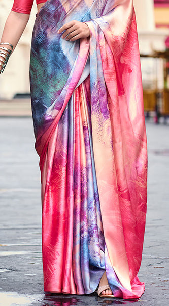 Incomparable Pink Digital Printed Satin Silk Saree With Majestic Blouse Piece