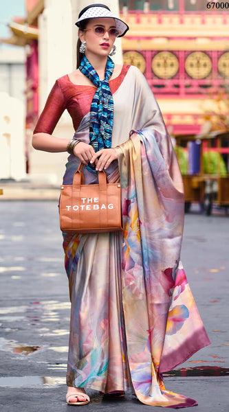 Beauteous Grey Digital Printed Satin Silk Saree With Demesne Blouse Piece