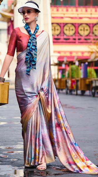 Beauteous Grey Digital Printed Satin Silk Saree With Demesne Blouse Piece