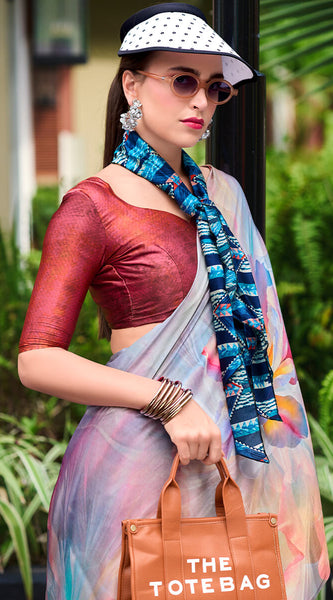 Beauteous Grey Digital Printed Satin Silk Saree With Demesne Blouse Piece