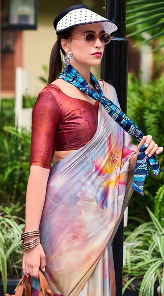 Beauteous Grey Digital Printed Satin Silk Saree With Demesne Blouse Piece