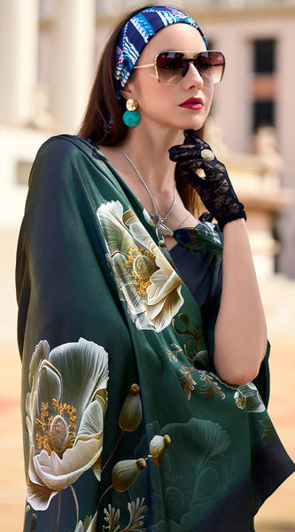 Epiphany Dark Green Digital Printed Satin Silk Saree With Palimpsest Blouse Piece