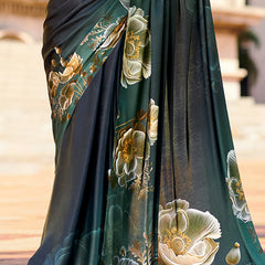 Epiphany Dark Green Digital Printed Satin Silk Saree With Palimpsest Blouse Piece