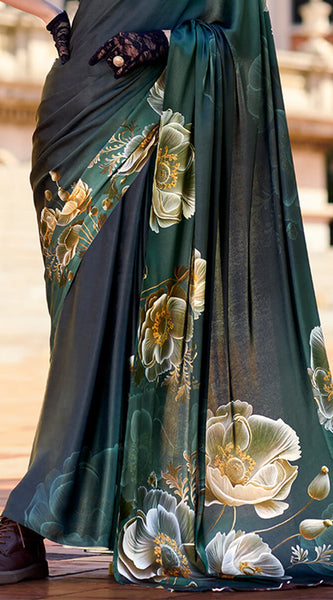 Epiphany Dark Green Digital Printed Satin Silk Saree With Palimpsest Blouse Piece