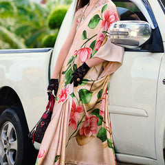 Sempiternal Beige Digital Printed Satin Silk Saree With Confounding Blouse Piece
