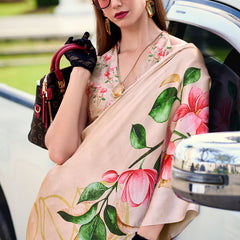 Sempiternal Beige Digital Printed Satin Silk Saree With Confounding Blouse Piece