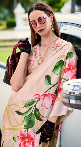 Sempiternal Beige Digital Printed Satin Silk Saree With Confounding Blouse Piece