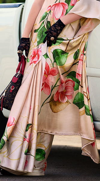 Sempiternal Beige Digital Printed Satin Silk Saree With Confounding Blouse Piece