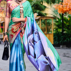 Scrumptious Sea Green Digital Printed Satin Silk Saree With Transcendent Blouse Piece