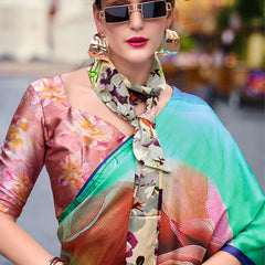 Scrumptious Sea Green Digital Printed Satin Silk Saree With Transcendent Blouse Piece
