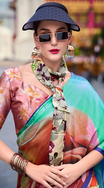 Scrumptious Sea Green Digital Printed Satin Silk Saree With Transcendent Blouse Piece