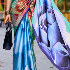 Scrumptious Sea Green Digital Printed Satin Silk Saree With Transcendent Blouse Piece