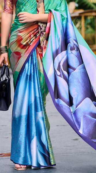 Scrumptious Sea Green Digital Printed Satin Silk Saree With Transcendent Blouse Piece