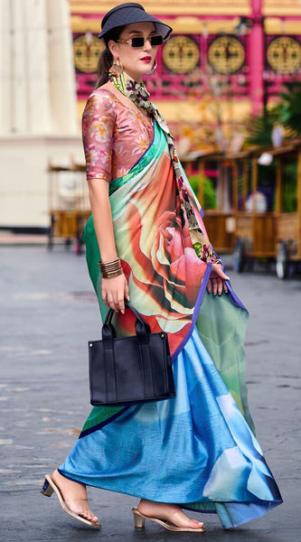 Scrumptious Sea Green Digital Printed Satin Silk Saree With Transcendent Blouse Piece