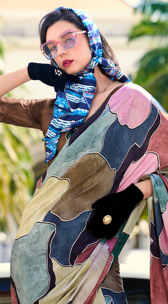Gleaming Multicolor Digital Printed Satin Silk Saree With Phenomenal Blouse Piece