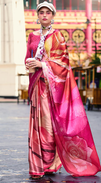 Blooming Dark Pink Digital Printed Satin Silk Saree With Hypnotic Blouse Piece