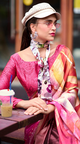 Blooming Dark Pink Digital Printed Satin Silk Saree With Hypnotic Blouse Piece