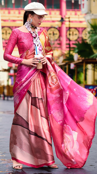 Blooming Dark Pink Digital Printed Satin Silk Saree With Hypnotic Blouse Piece