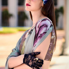 Flamboyant Grey Digital Printed Satin Silk Saree With Twirling Blouse Piece