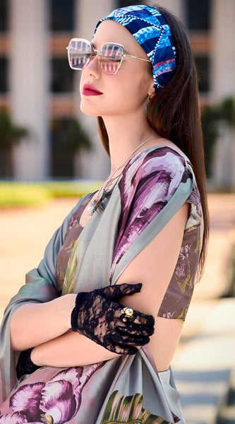 Flamboyant Grey Digital Printed Satin Silk Saree With Twirling Blouse Piece