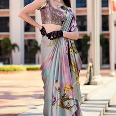 Flamboyant Grey Digital Printed Satin Silk Saree With Twirling Blouse Piece