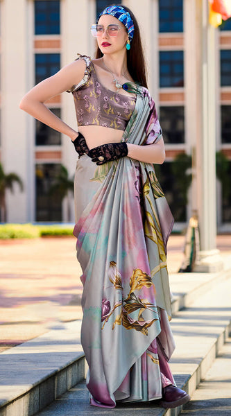 Flamboyant Grey Digital Printed Satin Silk Saree With Twirling Blouse Piece