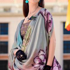 Flamboyant Grey Digital Printed Satin Silk Saree With Twirling Blouse Piece