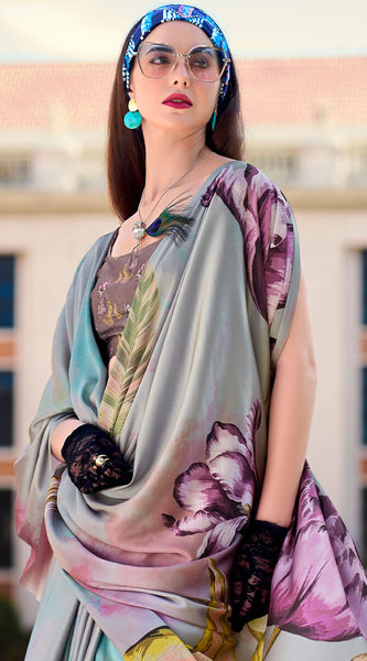 Flamboyant Grey Digital Printed Satin Silk Saree With Twirling Blouse Piece