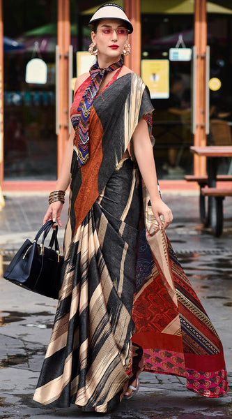 Ideal Beige and Black Digital Printed Satin Silk Saree With Chatoyant Blouse Piece