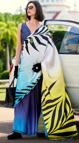 Evocative Yellow and Blue Digital Printed Satin Silk Saree With Susurrous Blouse Piece
