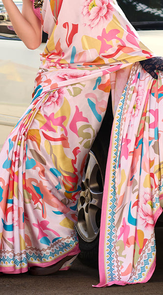 Confounding Baby Pink Digital Printed Satin Silk Saree With Felicitous Blouse Piece