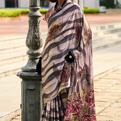 Splendorous Black and Beige Digital Printed Satin Silk Saree With Resplendent Blouse Piece