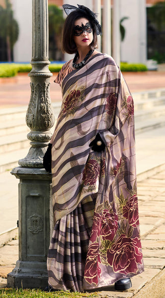 Splendorous Black and Beige Digital Printed Satin Silk Saree With Resplendent Blouse Piece