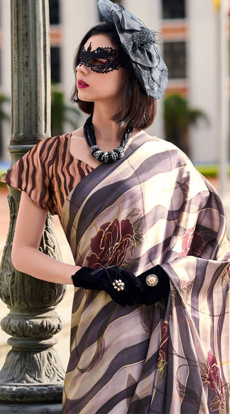 Splendorous Black and Beige Digital Printed Satin Silk Saree With Resplendent Blouse Piece