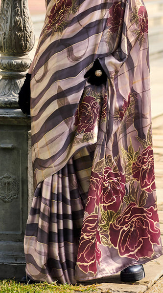 Splendorous Black and Beige Digital Printed Satin Silk Saree With Resplendent Blouse Piece