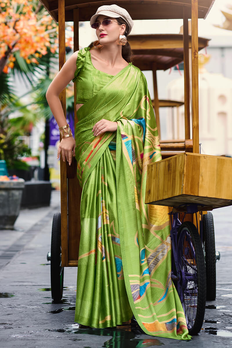 Alluring Mehndi Digital Printed Satin Silk Saree With Rhapsody Blouse Piece