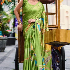 Alluring Mehndi Digital Printed Satin Silk Saree With Rhapsody Blouse Piece