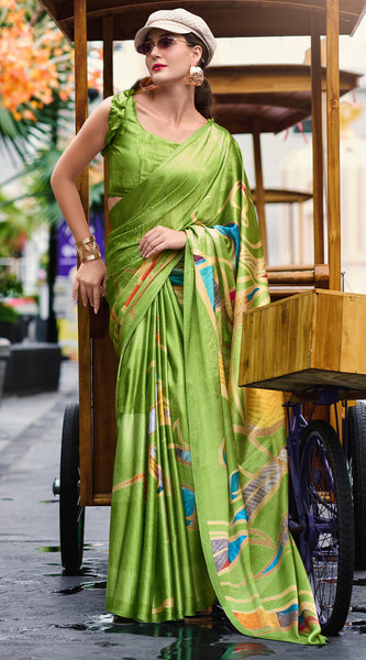 Alluring Mehndi Digital Printed Satin Silk Saree With Rhapsody Blouse Piece