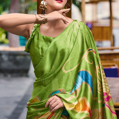 Alluring Mehndi Digital Printed Satin Silk Saree With Rhapsody Blouse Piece