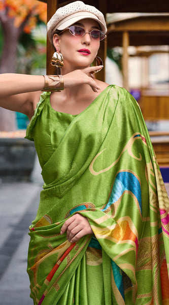 Alluring Mehndi Digital Printed Satin Silk Saree With Rhapsody Blouse Piece