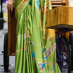 Alluring Mehndi Digital Printed Satin Silk Saree With Rhapsody Blouse Piece