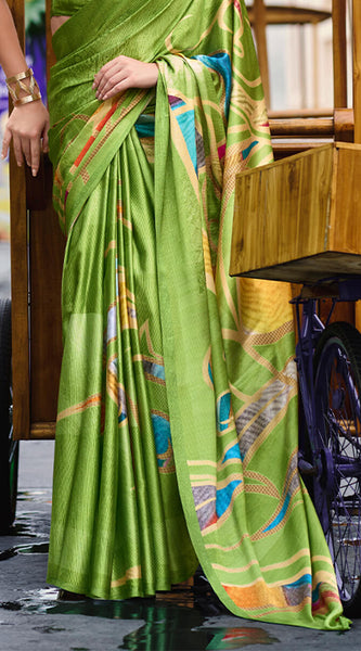 Alluring Mehndi Digital Printed Satin Silk Saree With Rhapsody Blouse Piece