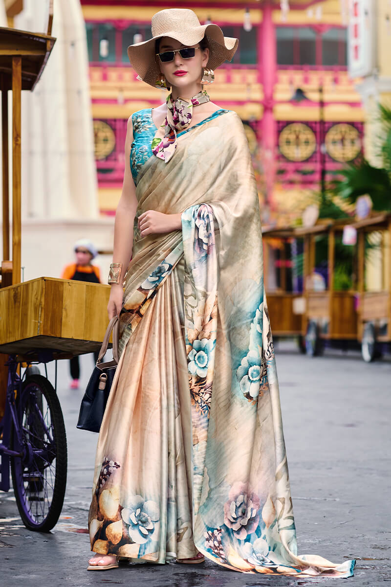 Enamoring Beige Digital Printed Satin Silk Saree With Resonant Blouse Piece