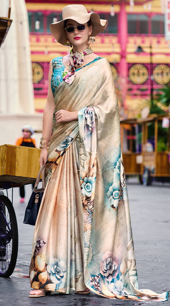 Enamoring Beige Digital Printed Satin Silk Saree With Resonant Blouse Piece
