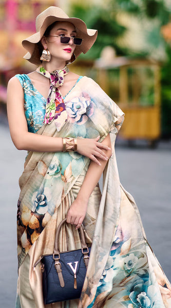 Enamoring Beige Digital Printed Satin Silk Saree With Resonant Blouse Piece
