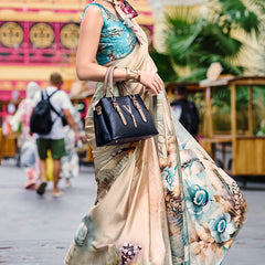 Enamoring Beige Digital Printed Satin Silk Saree With Resonant Blouse Piece