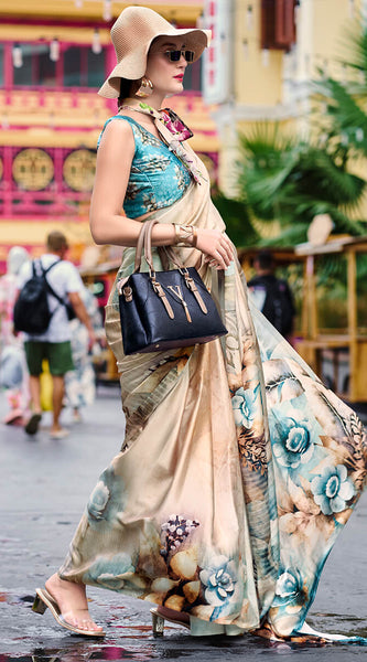 Enamoring Beige Digital Printed Satin Silk Saree With Resonant Blouse Piece