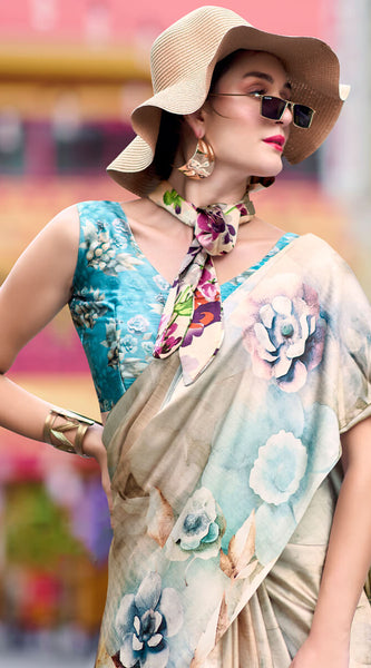 Enamoring Beige Digital Printed Satin Silk Saree With Resonant Blouse Piece
