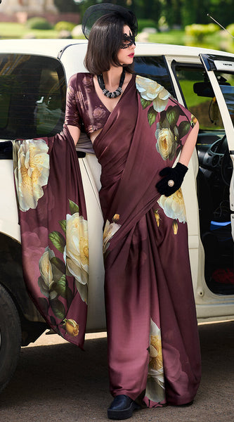 Elegant Brown Digital Printed Satin Silk Saree With Sophisticated Blouse Piece